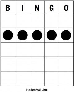 A graphic of a 5 by 5 bingo card in black and white. There are dark spacers filled in 5 across to show a horizontal line.