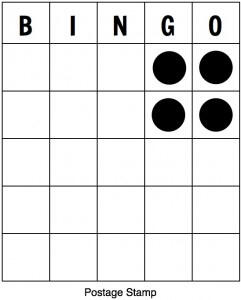 A graphic of a 5 by 5 bingo card in black and white. There are dark spacers filled in the top right 4 spacers, like a stamp.