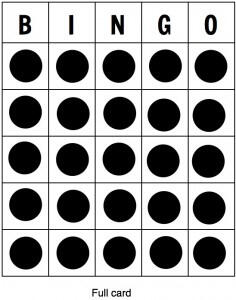 A graphic of a 5 by 5 bingo card in black and white. Each space is filled in with a black dot, showing a full house.